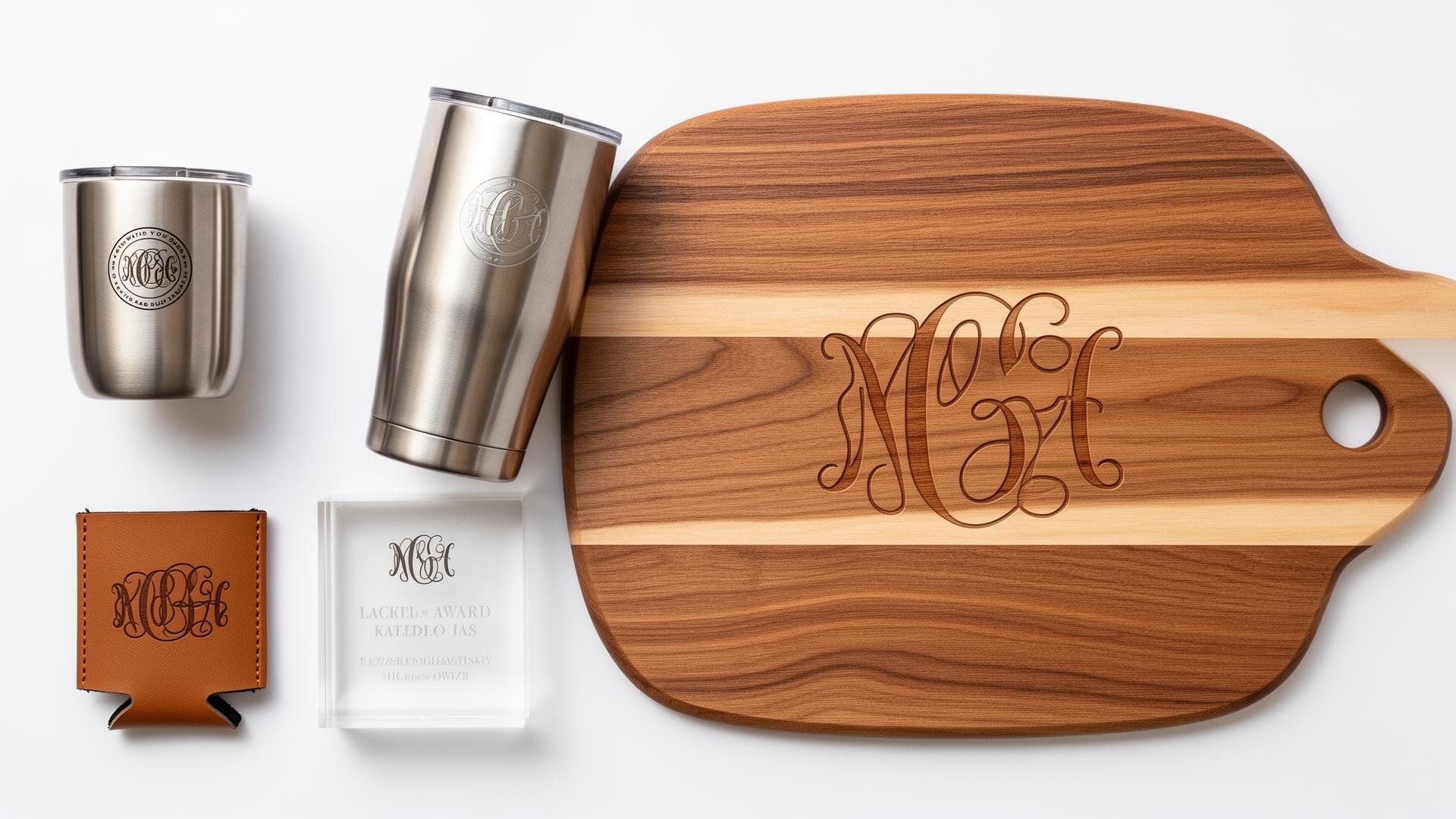 Custom engraved tumbler, charcuterie board, koozie and award flat lay